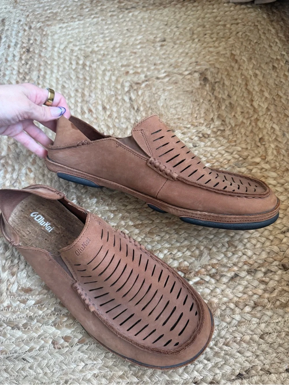 OLUKAI Moloa Kohana II Slip On Leather Loafer Shoes Mens 12 Laser Cut
